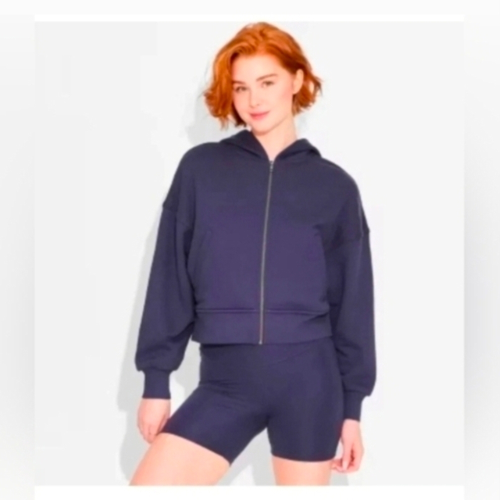 Wild Fable Women's Wedge Zip-up Relaxed Hooded Sweatshirt Navy Blue